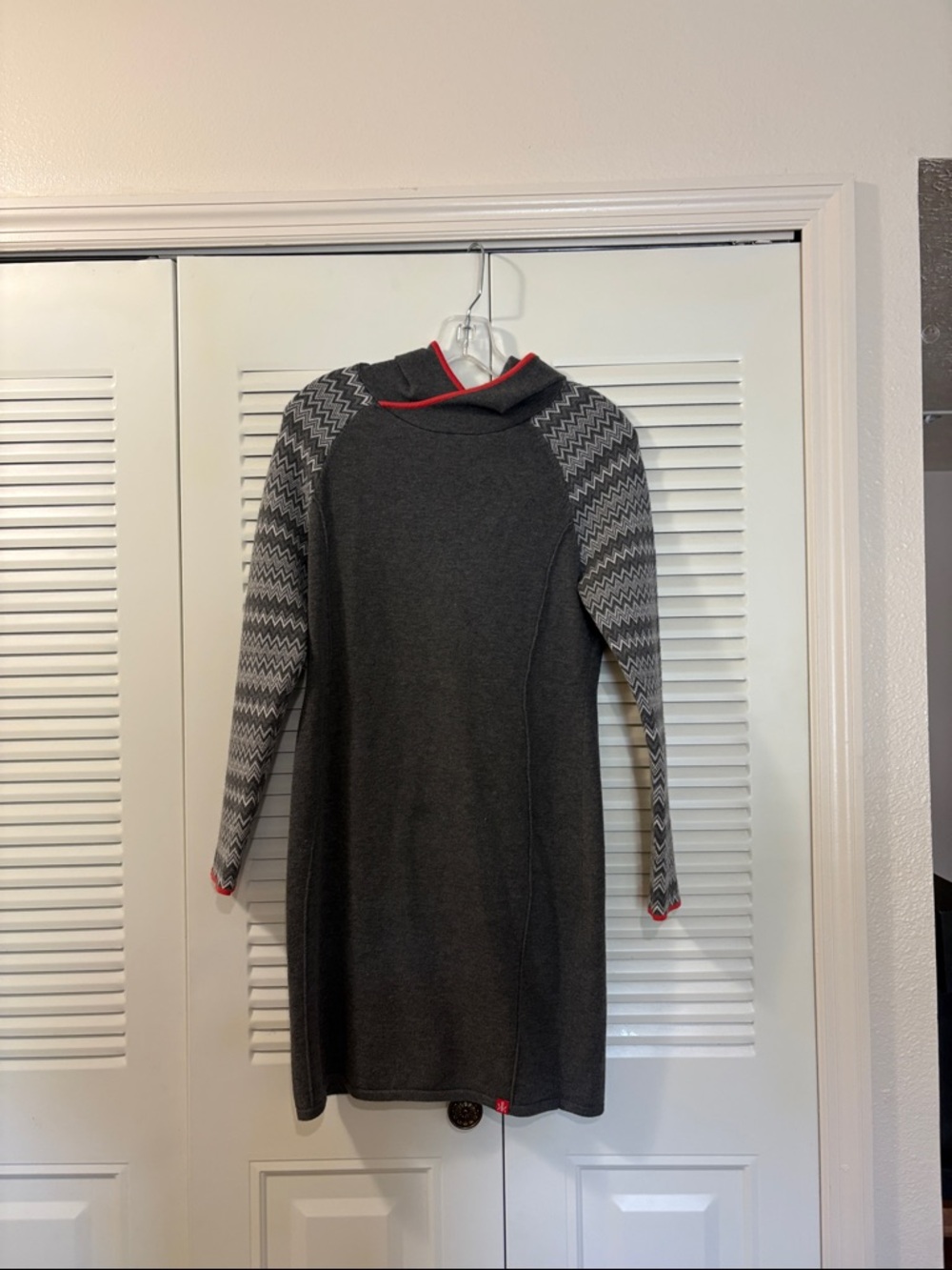 Krimson Klover Hooded Gray Sweater Dress  with Chevron Sleeves and Red Trim